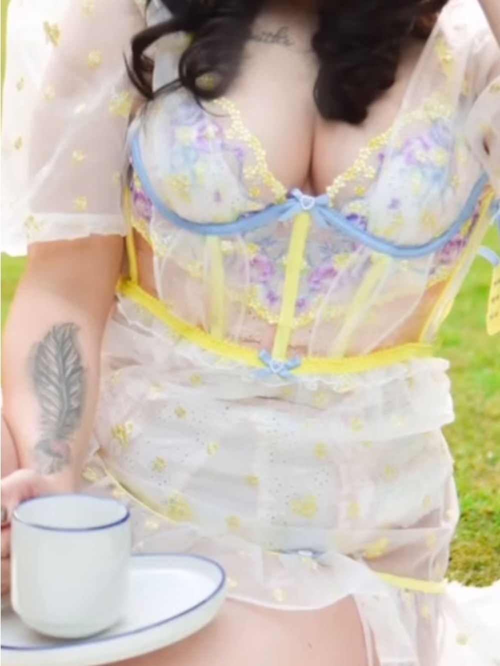 For Love & Lemons Lace Sheer Babydoll Dress in Yellow, blue, & cream - Picture 2 of 4
